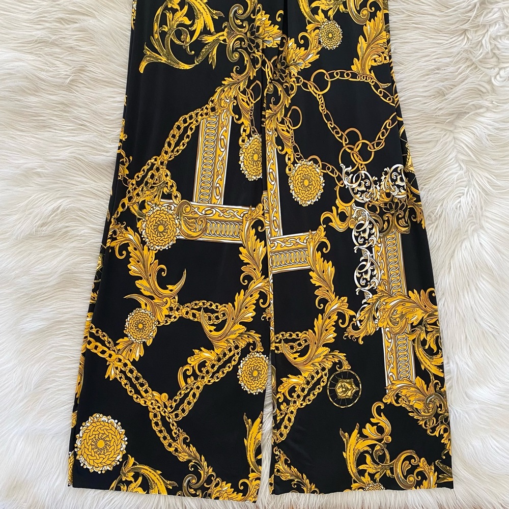 Fashion Nova Black Yellow Gold Chain Print Wide Leg High Status Jumpsuit Gaudy - Picture 11 of 14